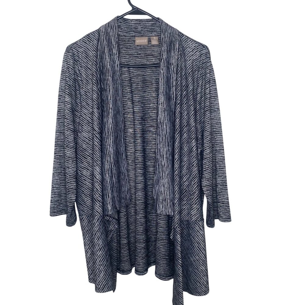 Chicos 3 Open Front Cardigan Womens Size US XL Striped Black & White Knit Lagenl